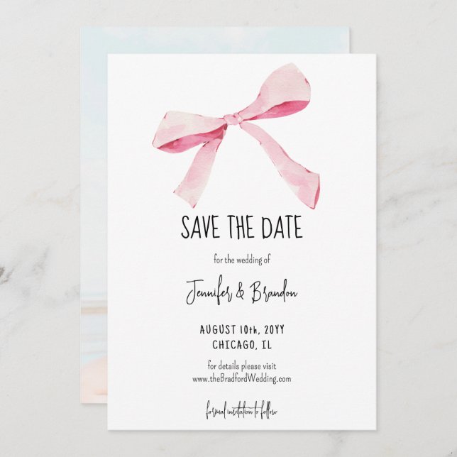 Blush Pink Bow Save the Date Photo Invitation (Front/Back)