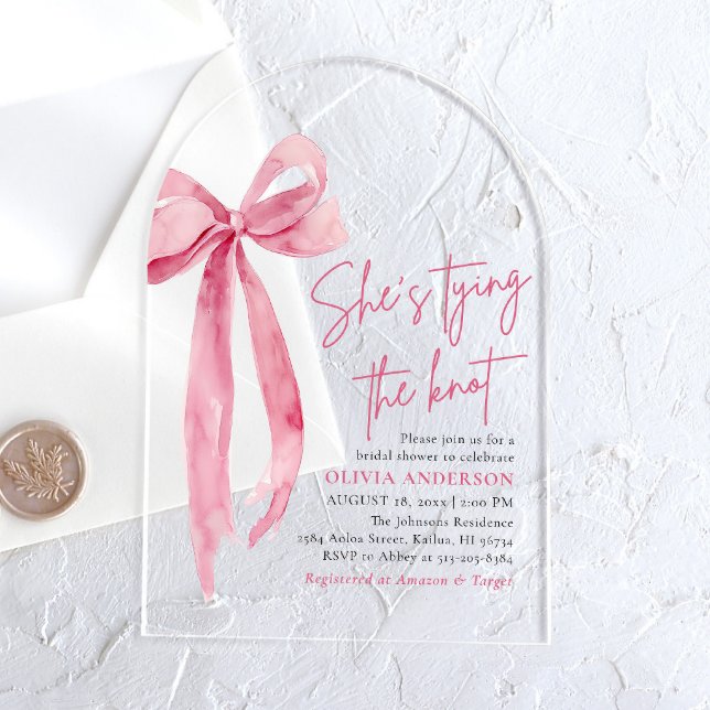Blush Pink Bow She's Tying the Knot Bridal Shower Acrylic Invitations (Creator Uploaded)