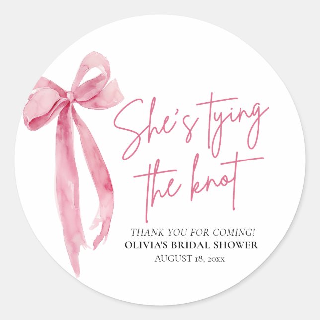 Blush Pink Bow She's Tying the Knot Bridal Shower Classic Round Sticker (Front)