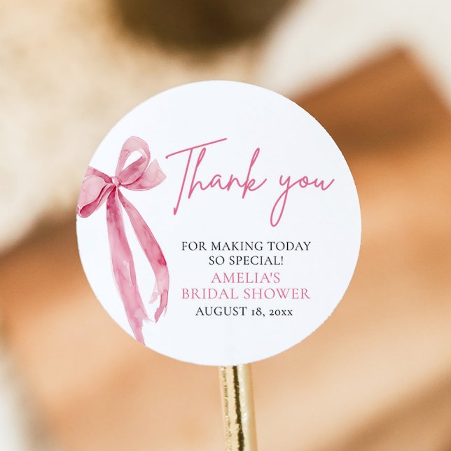 Blush Pink Bow She's Tying the Knot Bridal Shower Classic Round Sticker (Creator Uploaded)