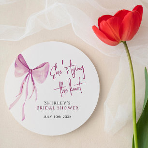 Blush Pink Bow She's Tying the Knot Bridal Shower Classic Round Sticker