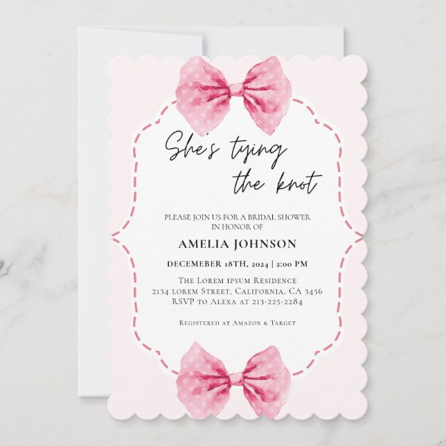 Blush Pink Bow She's Tying the Knot Bridal Shower  Invitation (Front)