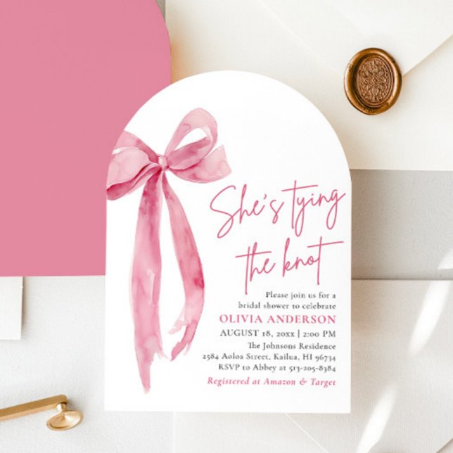 Blush Pink Bow She's Tying the Knot Bridal Shower Invitation (Watercolor Modern Blush Pink Bow Ribbon Coquette She's Tying the Knot Arched Bridal Shower Invite)