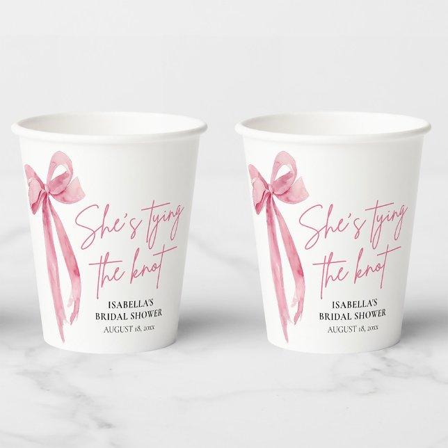 Blush Pink Bow She's Tying the Knot Bridal Shower Paper Cups (Creator Uploaded)