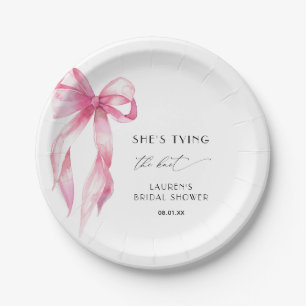 Blush Pink Bow She's Tying The Knot Bridal Shower Paper Plate
