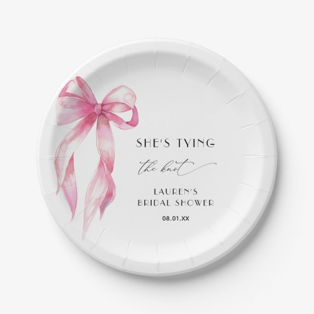 Blush Pink Bow She's Tying The Knot Bridal Shower Paper Plate (Front)