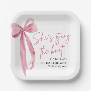 Blush Pink Bow She's Tying the Knot Bridal Shower Paper Plate