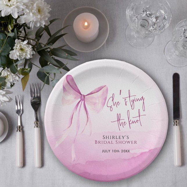Blush Pink Bow She's Tying the Knot Bridal Shower Paper Plate (Creator Uploaded)