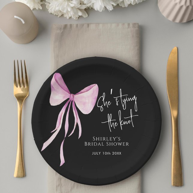 Blush Pink Bow She's Tying the Knot Bridal Shower Paper Plate (Creator Uploaded)