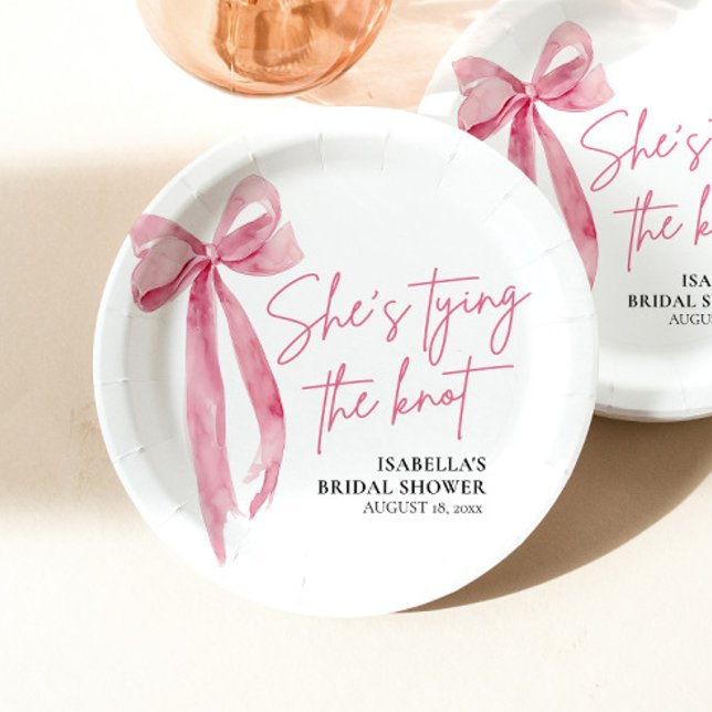 Blush Pink Bow She's Tying the Knot Bridal Shower Paper Plate (Creator Uploaded)