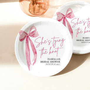 Blush Pink Bow She's Tying the Knot Bridal Shower Paper Plate