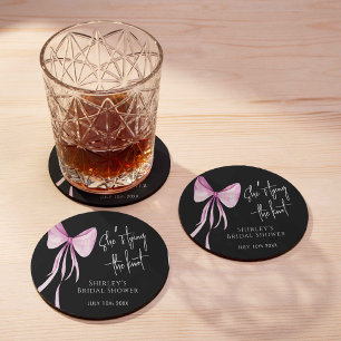 Blush Pink Bow She's Tying the Knot Bridal Shower Round Paper Coaster
