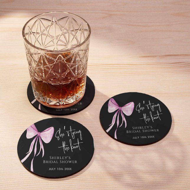 Blush Pink Bow She's Tying the Knot Bridal Shower Round Paper Coaster (Creator Uploaded)