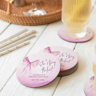 Blush Pink Bow She's Tying the Knot Bridal Shower Round Paper Coaster