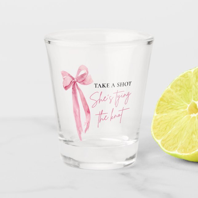 Blush Pink Bow She's Tying the Knot Bridal Shower  Shot Glass (Front)
