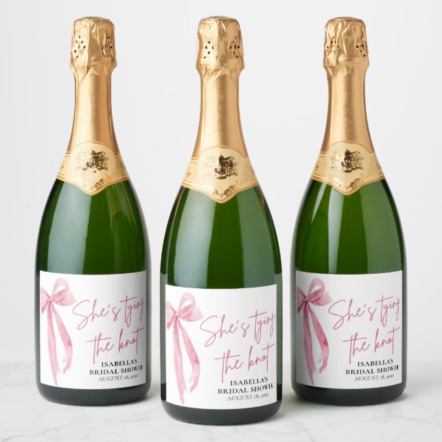 Blush Pink Bow She's Tying the Knot Bridal Shower  Sparkling Wine Label (Bottles)