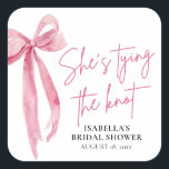 Blush Pink Bow She's Tying the Knot Bridal Shower Square Sticker<br><div class="desc">The Blush Pink Bow: She's Tying the Knot Bridal Shower Classic Round Sticker is a delightful addition to any bridal shower celebration. With its elegant blush pink bow design, this sticker adds a touch of sophistication and charm to favours, envelopes, or decor. Whether used to seal envelopes, adorn gift bags,...</div>