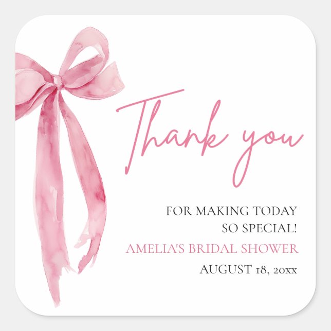 Blush Pink Bow She's Tying the Knot Bridal Shower Square Sticker (Front)