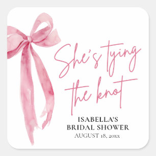 Blush Pink Bow She's Tying the Knot Bridal Shower Square Sticker