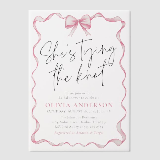 Blush Pink Bow She's Tying the Knot Bridal Shower Vellum Invitations (Front)