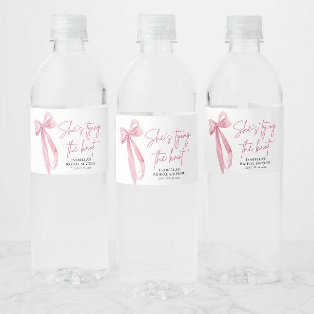 Blush Pink Bow She's Tying the Knot Bridal Shower  Water Bottle Label (Bottles)