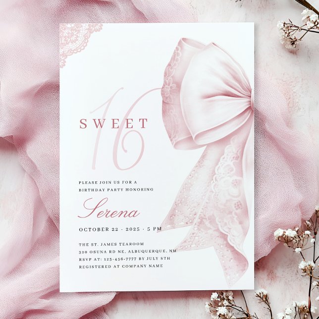 Blush Pink Bow Sweet 16 Birthday Invitation (Creator Uploaded)