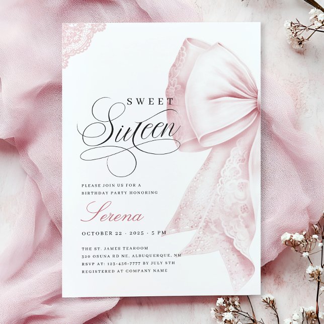 Blush Pink Bow Sweet Sixteen Birthday Invitation (Creator Uploaded)