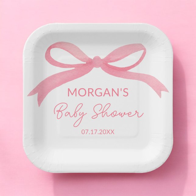 Blush Pink Bow Watercolor Baby Shower Paper Plate (Creator Uploaded)