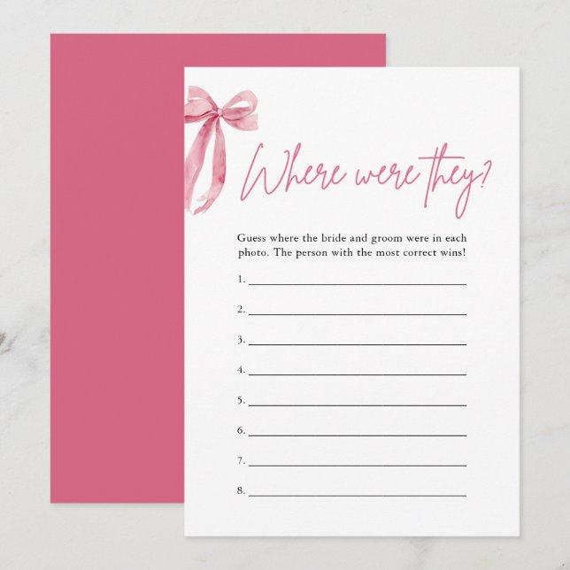 Blush Pink Bow Where Were They Bridal Shower Game Invitation (Front/Back)