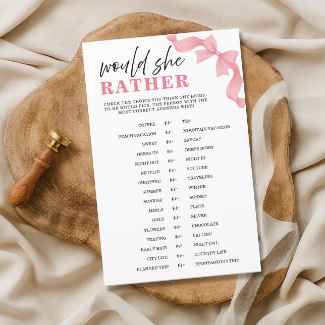 Blush Pink Bow Would She Rather Bridal Shower Game (Creator Uploaded)