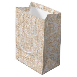 Blush Pink Bows Faux Basket Weave Birthday Medium Gift Bag