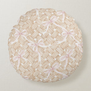 Blush Pink Bows Faux Basket Weave Birthday Round Cushion