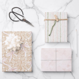 Blush Pink Bows Faux Basket Weave Birthday Wrapping Paper Sheet
