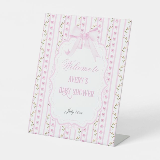 Blush Pink Bows Floral Elegant Girl Baby Shower Pedestal Sign (Front)