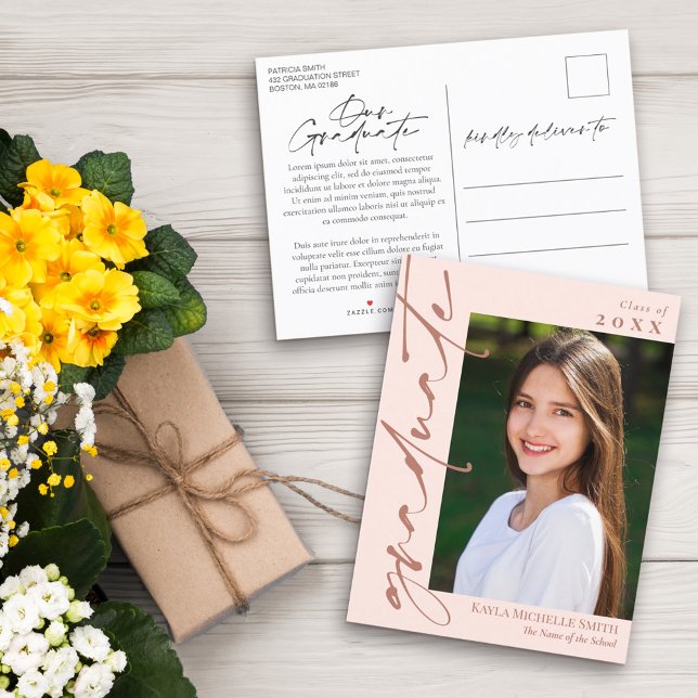 Blush Pink & Brass Calligraphy Photo Graduation Announcement Postcard (Creator Uploaded)