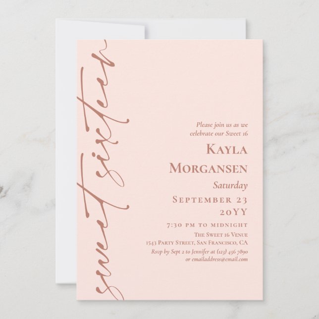 Blush Pink & Brass Calligraphy Sweet 16 Invitation (Front)