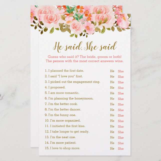 Blush Pink Bridal Shower He Said She Said Game (Front/Back)