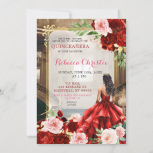 Blush Pink Bright Red Floral Quinceañera Invitation