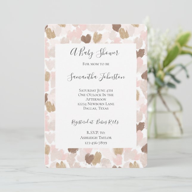 Blush Pink Brown Cream Hearts Baby Shower Invitation (Standing Front)