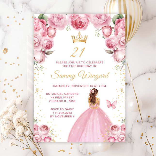 Blush Pink Brown Hair Princess Birthday Party Invitation (Creator Uploaded)