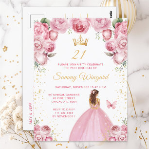 Blush Pink Brown Hair Princess Birthday Party Postcard