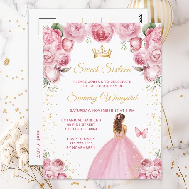 Blush Pink Brown Hair Princess Sweet Sixteen Postcard (Creator Uploaded)