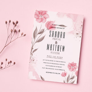 Blush pink brown watercolor flowers Wedding Invitation