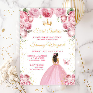 Blush Pink Brunette Hair Princess Sweet Sixteen Invitation