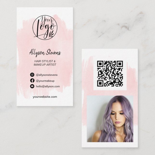 Blush pink brush hair makeup photo logo qr code business card (Front/Back)