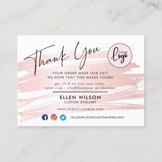 Blush Pink Brush Stroke Business Order Thank You  Business Card (Front)