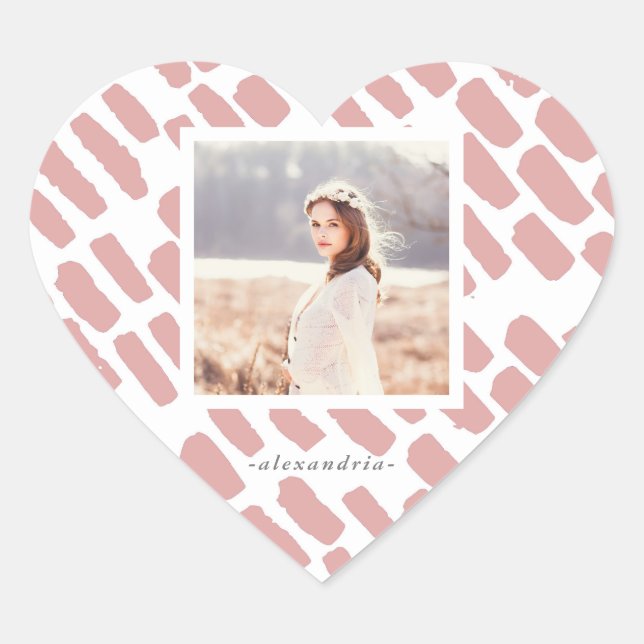 Blush Pink Brush Strokes with Photo and Name Heart Sticker (Front)