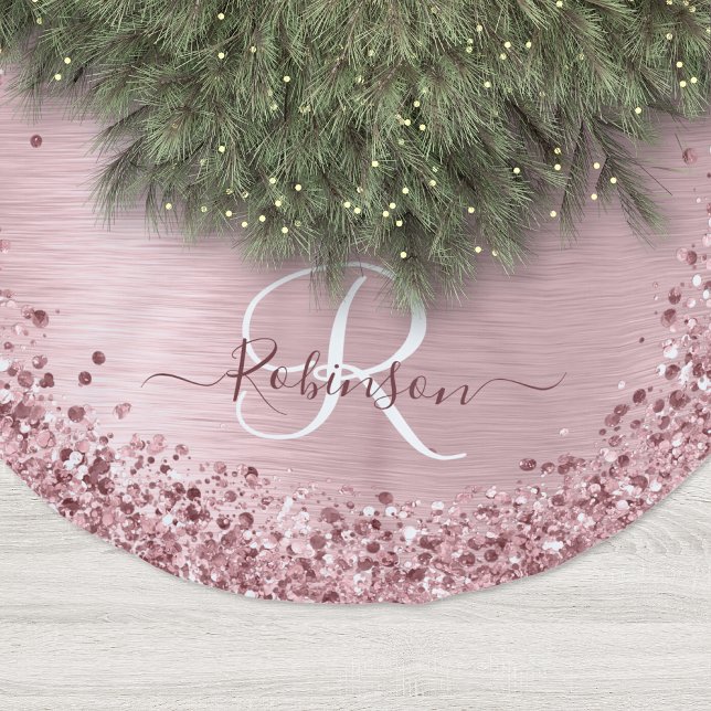 Blush Pink Brushed Metal Glitter Monogram Name Brushed Polyester Tree Skirt (Creator Uploaded)