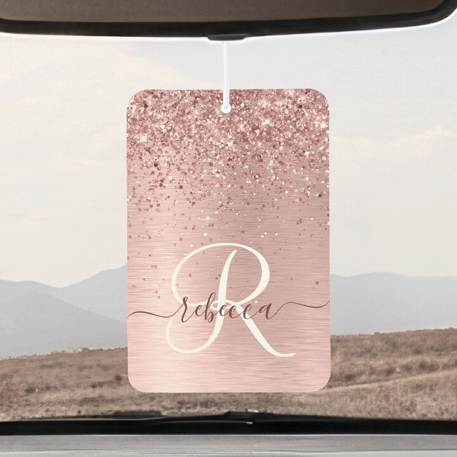 Blush Pink Brushed Metal Glitter Monogram Name Car Air Freshener (Creator Uploaded)