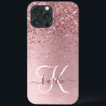Blush Pink Brushed Metal Glitter Monogram Name iPhone 13 Pro Max Case<br><div class="desc">Easily personalise this trendy chic phone case design featuring pretty blush pink sparkling glitter on a blush pink brushed metallic background.</div>